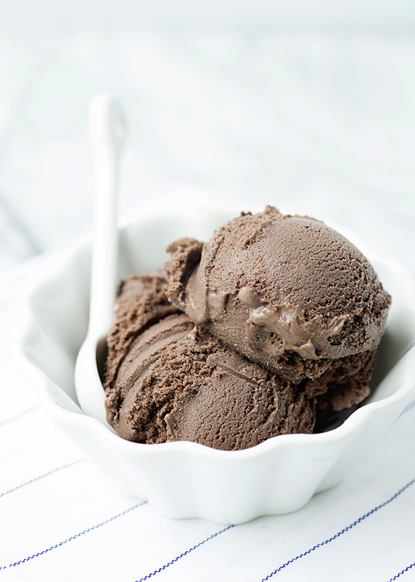 A bowl of chocolate ice cream with a spoon.