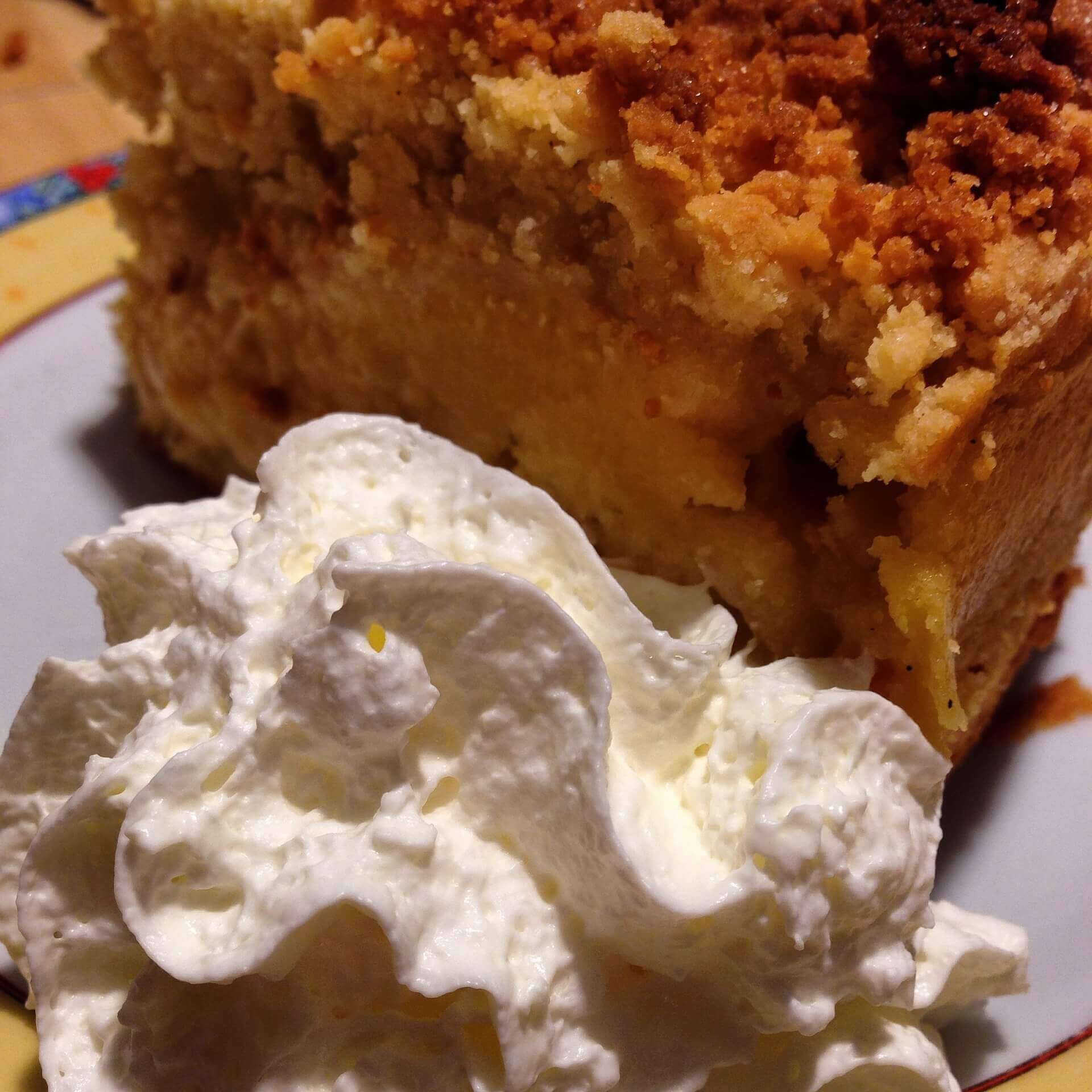 A piece of cake and whipped cream on a plate.